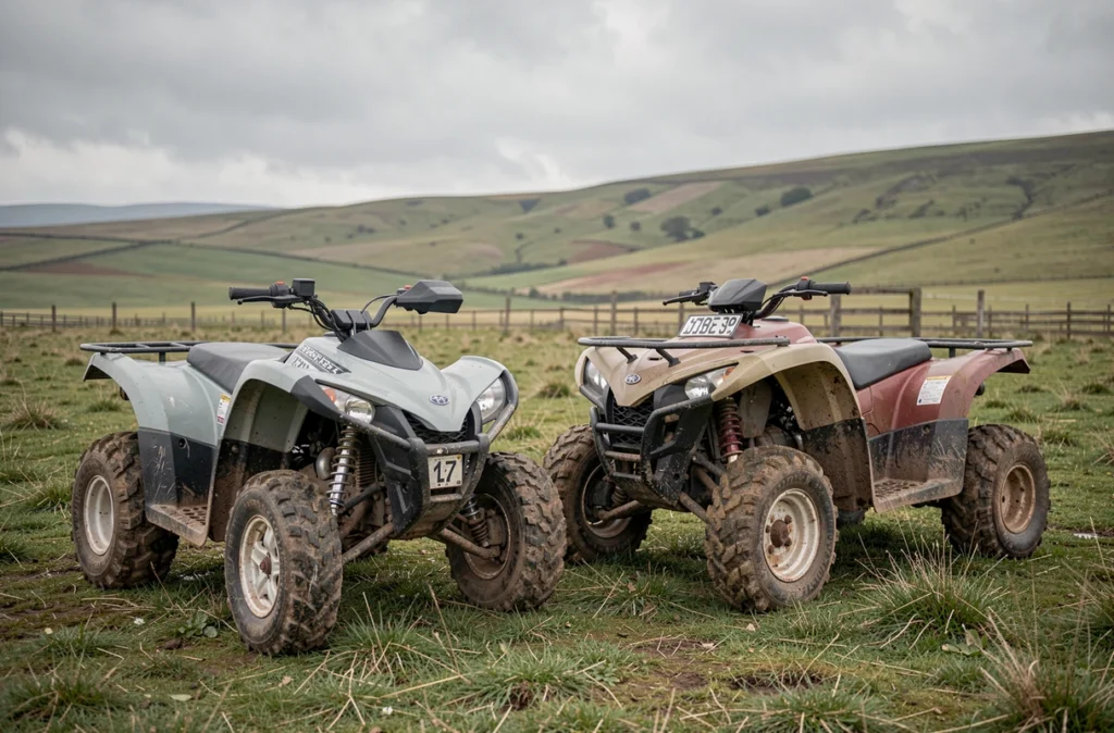 Deux quads tout-terrain garés dans un champ agricole, comparaison de modèles pour l'assurance