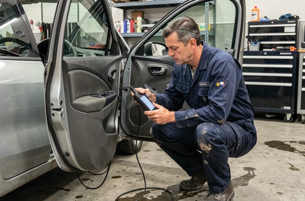 Mécanicien professionnel utilisant un outil de diagnostic OBD sur un Renault Captur d'occasion en garage