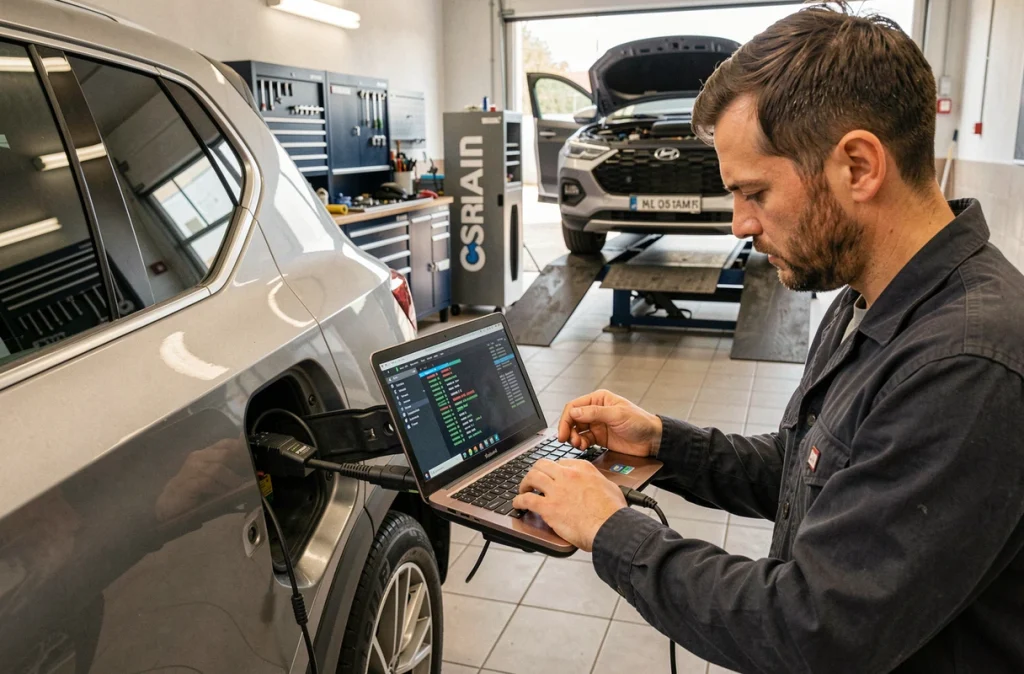 Mécanicien réalisant un diagnostic électronique sur un SUV chez DM Automobiles dans la Marne