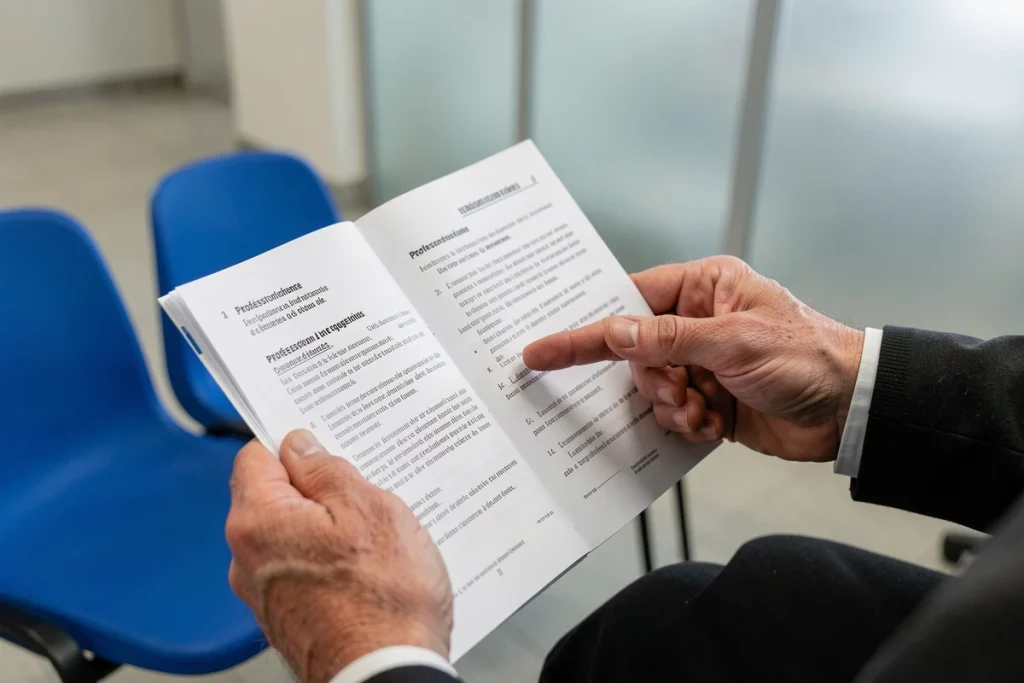 Mains feuilletant un livret officiel sur les équivalences professionnelles pour la carte VTC dans une salle d'attente administrative, illustrant les démarches réglementaires
