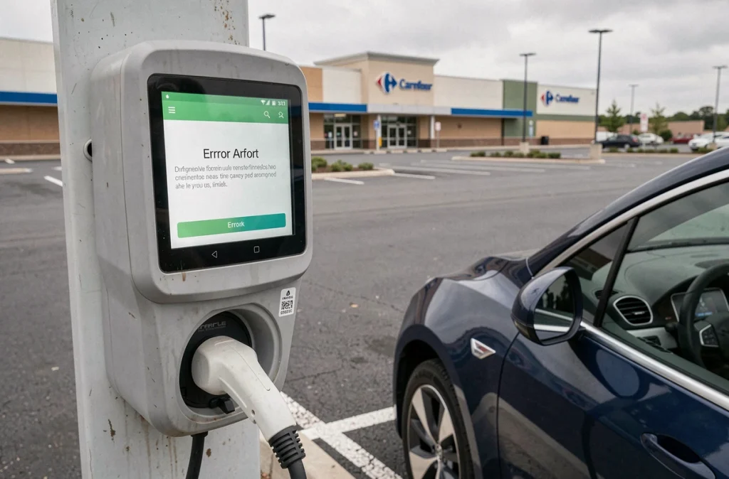 Écran d'erreur affiché sur une borne de recharge voiture électrique Carrefour en panne dans un parking extérieur