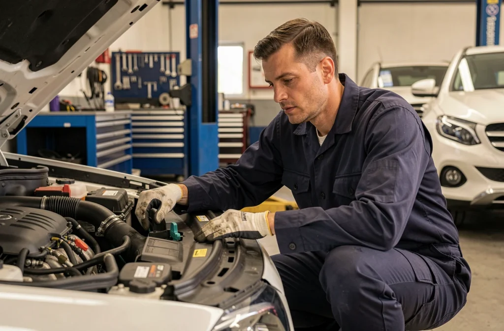 Technicien inspectant le moteur d'un Mercedes GLC blanc dans un garage professionnel