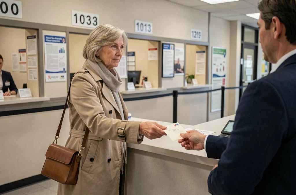 Femme envoyant une lettre recommandée de résiliation d'assurance voiture à la poste