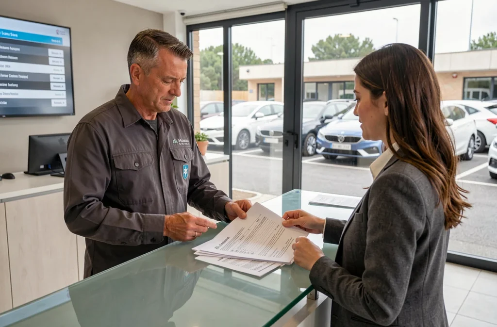 Conseiller accueillant une cliente au service automobile Europe Auto à Avignon