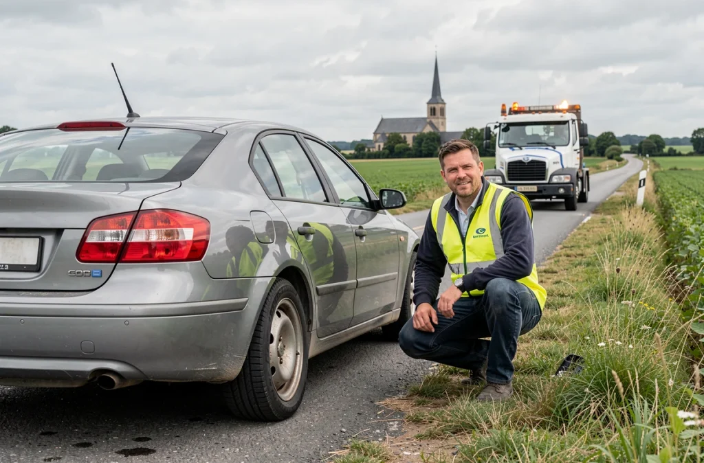 Technicien de dépannage automobile intervenant sur une voiture en panne sur une route de la Marne