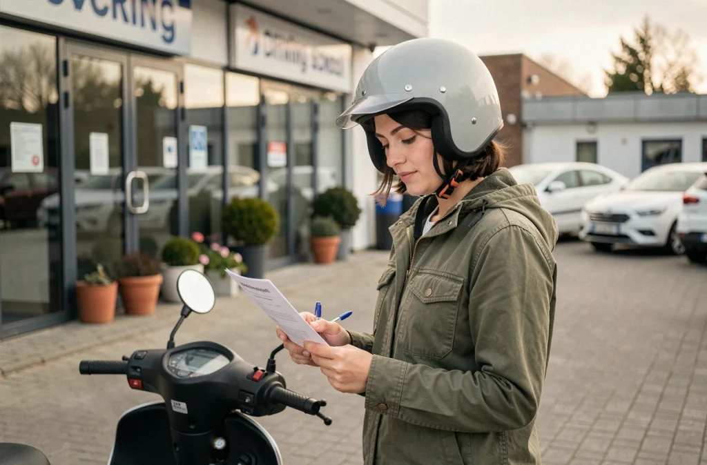 Femme devant une auto-école remplissant les démarches administratives pour le permis scooter 3 roues