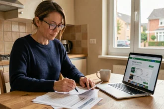 Femme comparant des offres d'assurance auto à la maison avec des documents et un ordinateur portable