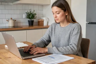 Femme comparant des offres d'assurance auto pas chère sur ordinateur portable à la maison