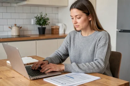 Femme comparant des offres d'assurance auto pas chère sur ordinateur portable à la maison