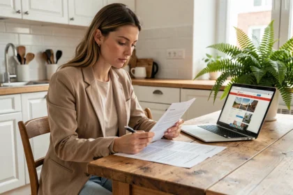 Femme comparant des contrats d'assurance auto sur papier à une table de cuisine moderne