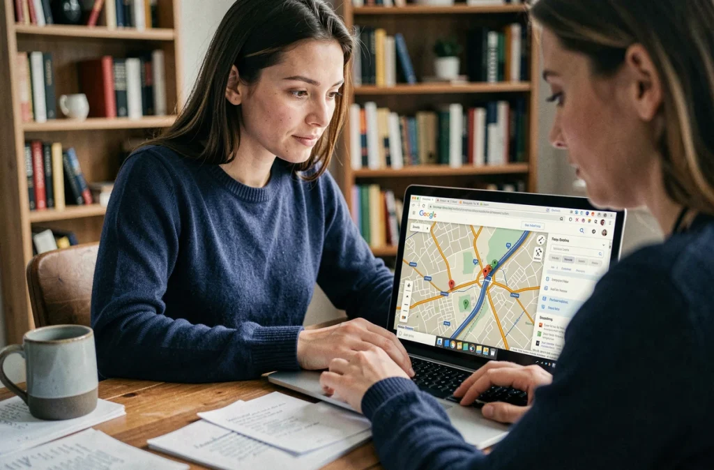 Femme configurant l'affichage des radars sur Google Maps depuis un ordinateur portable à domicile