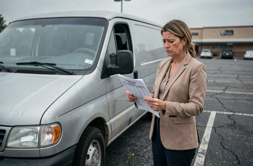 Femme déçue comparant l'estimation de revente d'un utilitaire à sa valeur réelle lors d'une transaction privée