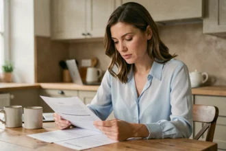 Femme consultant des documents d'assurance auto à la maison pour changer de contrat sans frais
