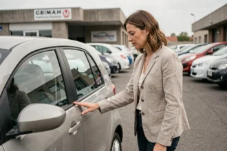 Femme inspectant une voiture sans permis d'occasion dans un lot de concessionnaire automobile