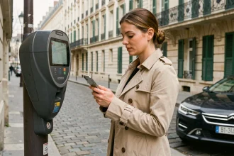 Femme utilisant l'application PayByPhone sur son smartphone à côté d'un horodateur à Paris