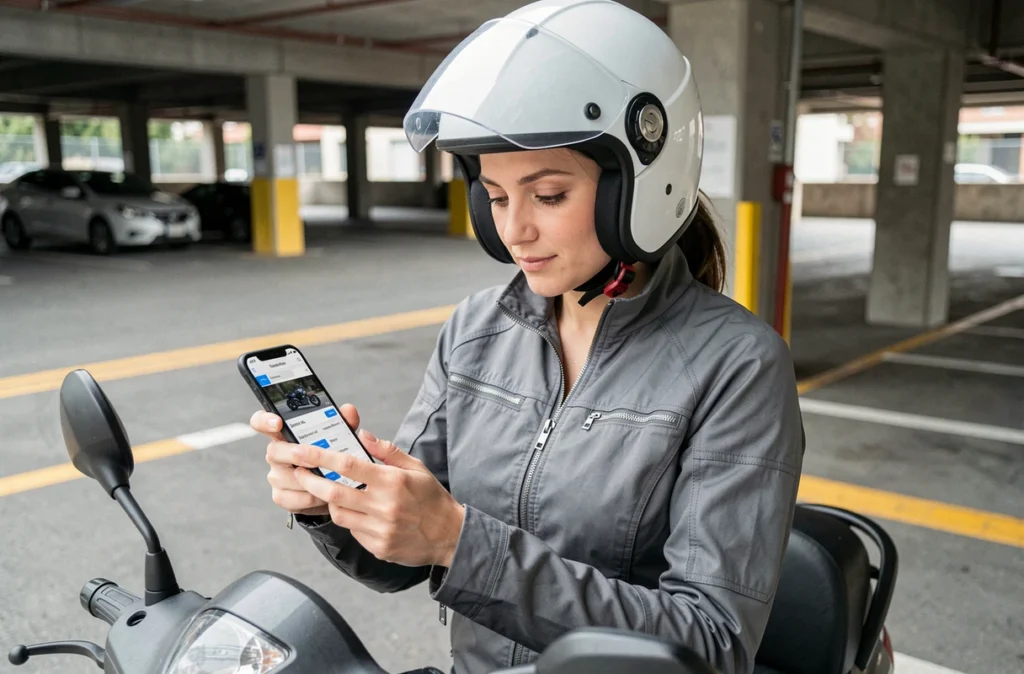 Femme casquée sur un scooter comparant des offres d'assurance deux-roues sur smartphone dans un parking urbain