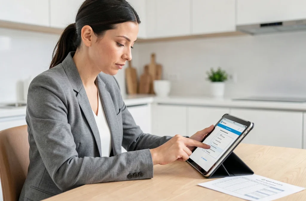 Femme vérifiant un kit PDF de questions sur le permis de conduire sur une tablette dans une cuisine moderne