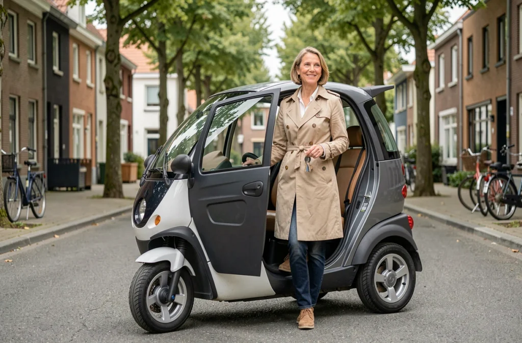 Femme sortant d'une voiture sans permis dans un quartier résidentiel de Rouen