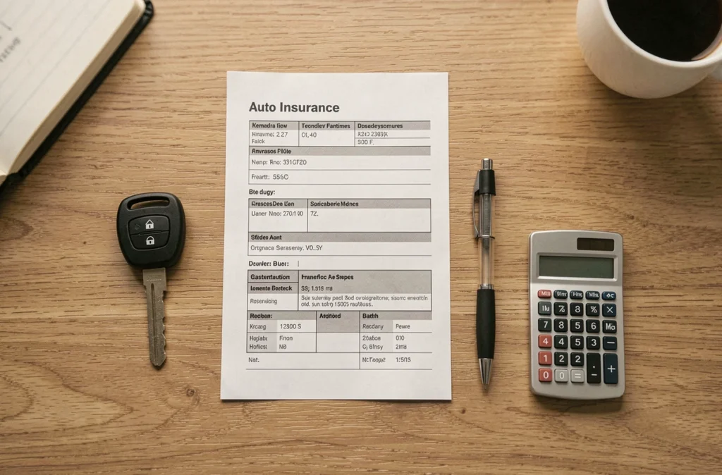 Vue de dessus d'une clé de voiture et d'un contrat d'assurance auto posés sur un bureau