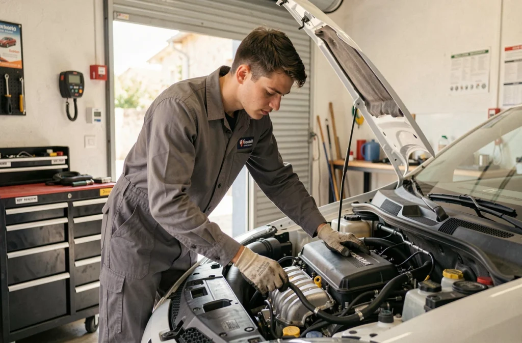 Technicien effectuant un entretien moteur au Garage Flavmotor à Bédarrides, spécialiste en mécanique automobile