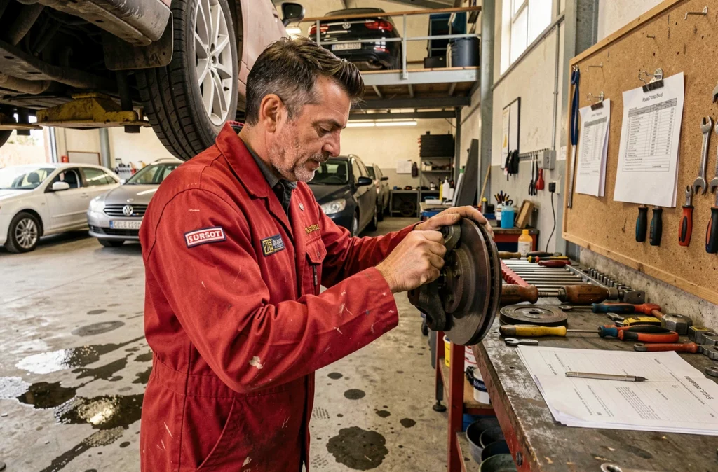 Mécanicien polyvalent inspectant des freins dans l'atelier du Garage Guyot Autos à Sorgues