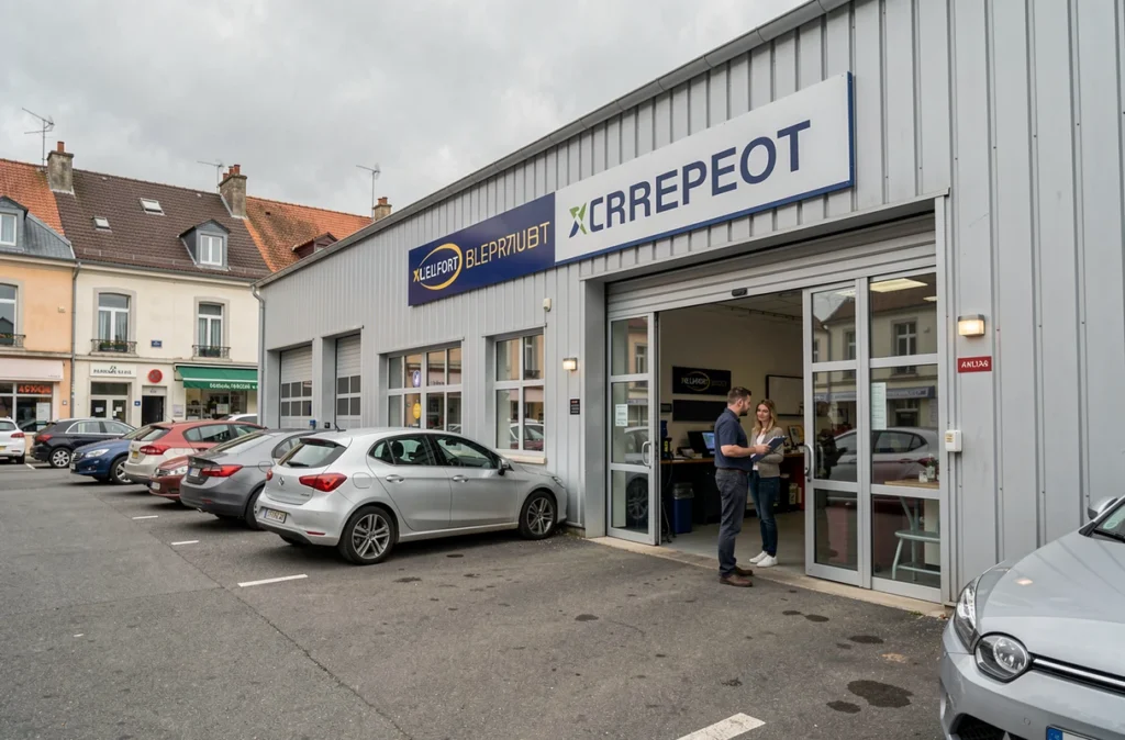 Façade extérieure du Garage Kieffer à Belfort avec un conseiller service accueillant une cliente sur le parvis