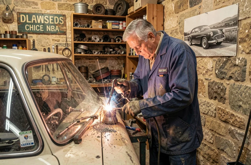 Propriétaire artisan soudant une pièce mécanique dans l'atelier du Garage Robert Ayme à Avignon
