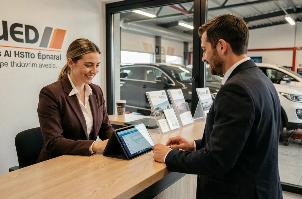 Conseillère service du Garage Thévenin à Épinal présentant un rapport de diagnostic sur tablette à un client au comptoir d'accueil