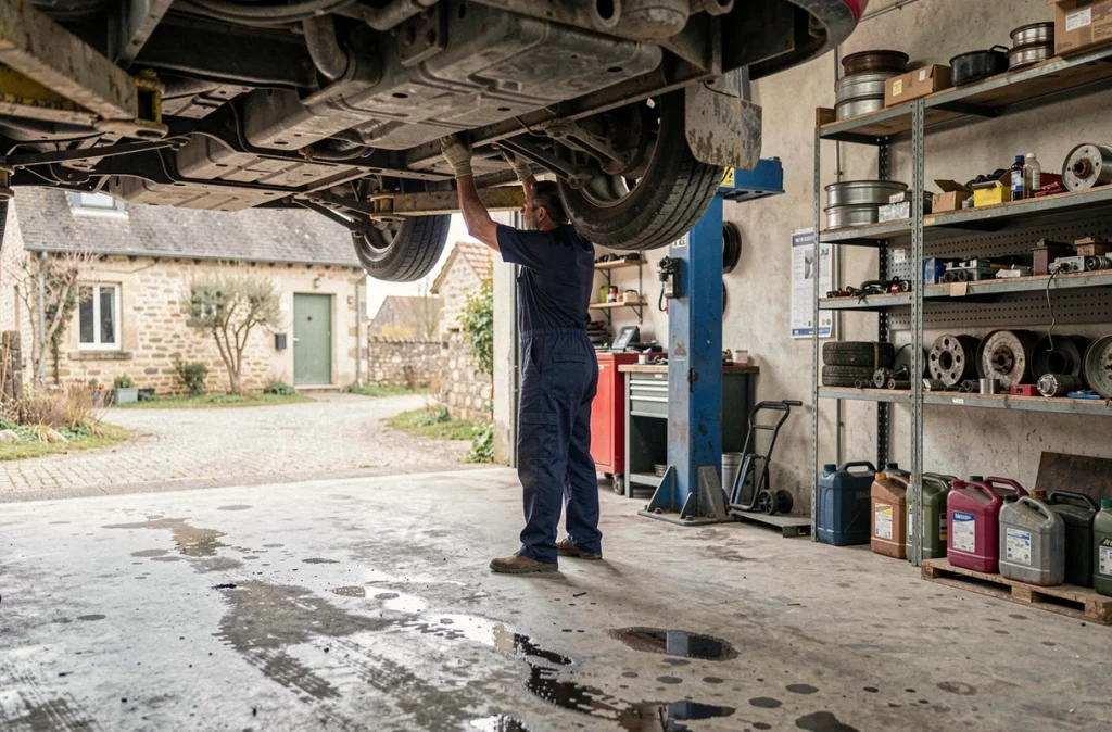 Mécanicien inspectant le dessous d'une voiture au garage Thévenin à Jonchery-sur-Vesle