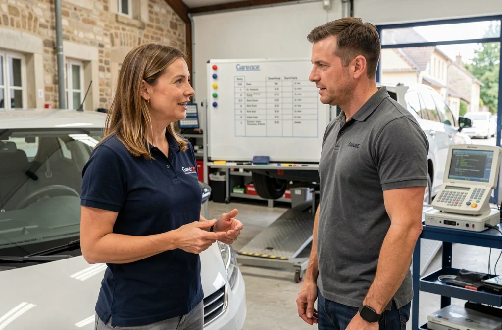 Conseillère de garage accueillant un client au Garage Varlet à Dizy