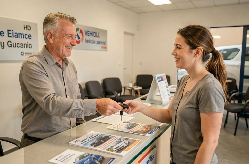 Conseiller du Garage Vesta Autos remettant les clés à une cliente satisfaite après un contrôle technique au comptoir d'accueil