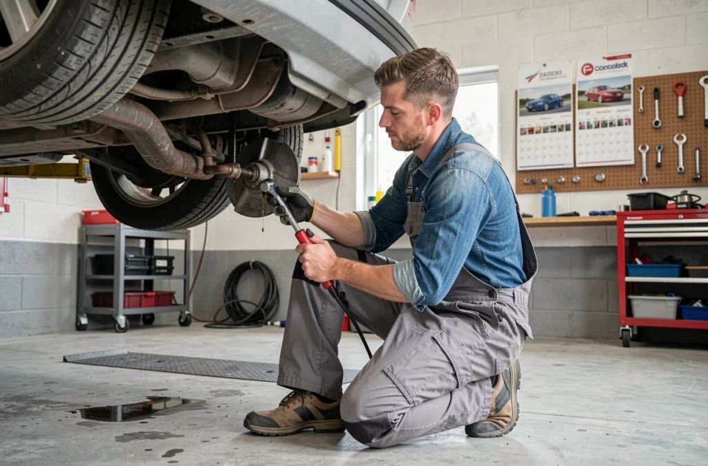 Mécanicien du Garage Weber 67 effectuant une vidange sous une voiture compacte surélevée dans un atelier alsacien