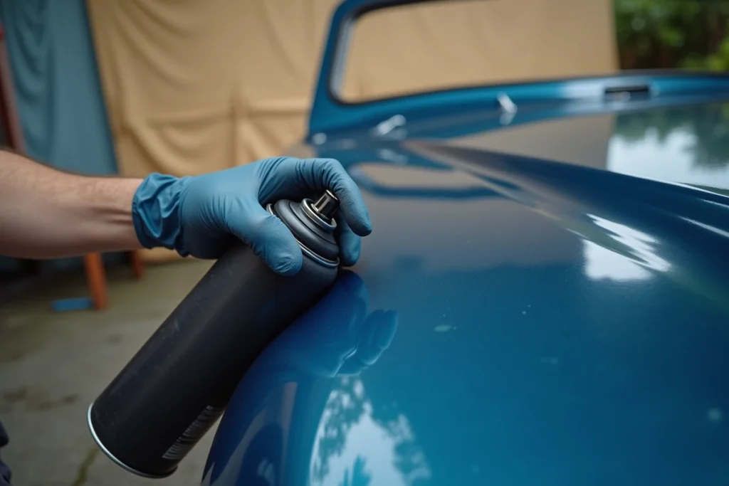 Gros plan d'une main gantée utilisant une bombe peinture aérosol sur un panneau de carrosserie bleu marine avec finition lisse