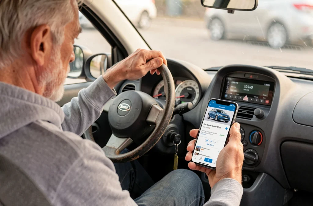 Conducteur dans l'habitacle d'une voiture sans permis consultant les prix d'occasion sur son téléphone