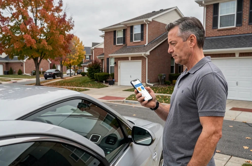 Homme utilisant une application mobile pour comparer des assurances auto devant sa voiture