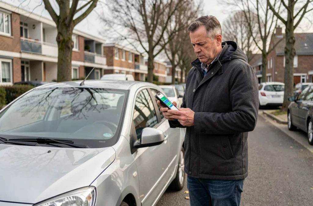 Homme consultant une application de comparaison d'assurance auto près de sa voiture dans une rue de Chelles