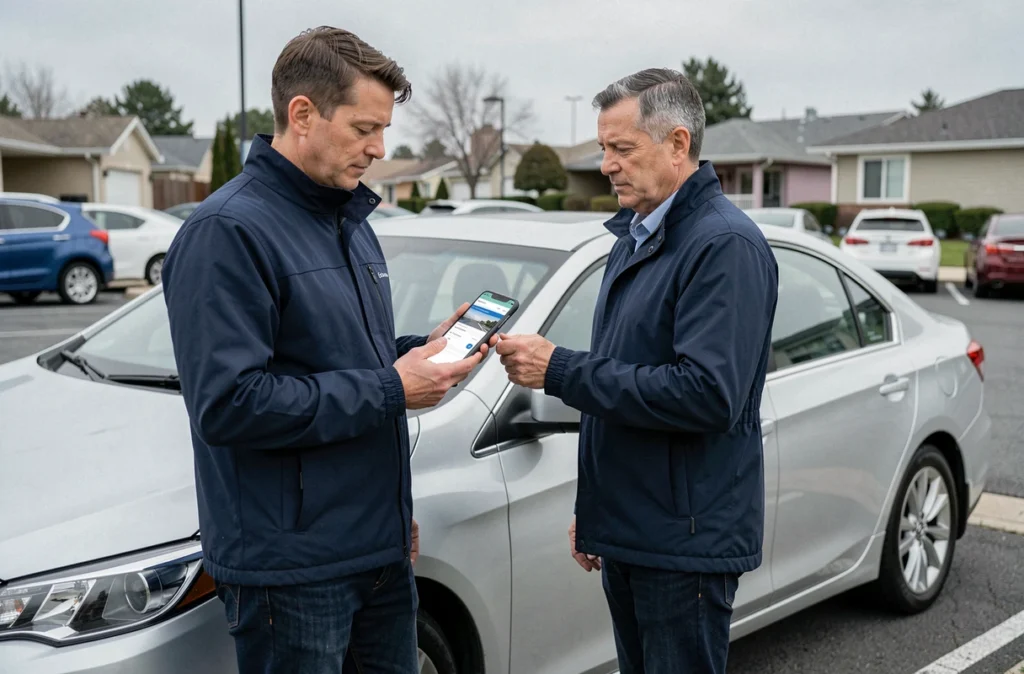 Homme consultant un comparateur d'assurance auto sur smartphone devant sa voiture
