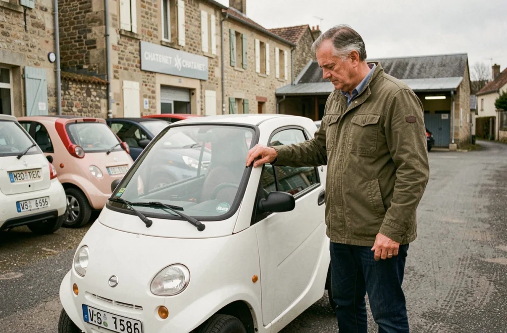 Homme inspectant une voiture sans permis d'occasion dans un garage de Haute-Marne