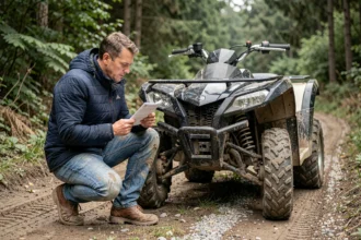 Homme examinant son quad tout-terrain avec des documents d'assurance en main sur un chemin forestier