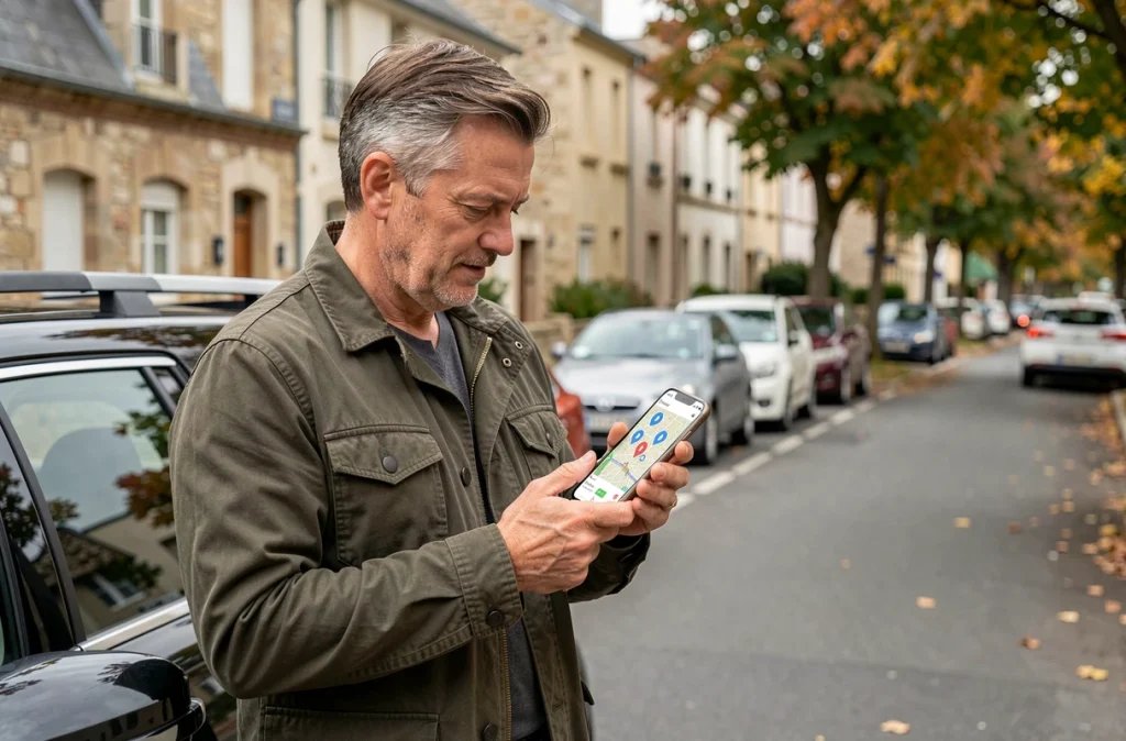 Homme vérifiant les radars sur Google Maps hors connexion avant un trajet, debout près d'un SUV en milieu urbain
