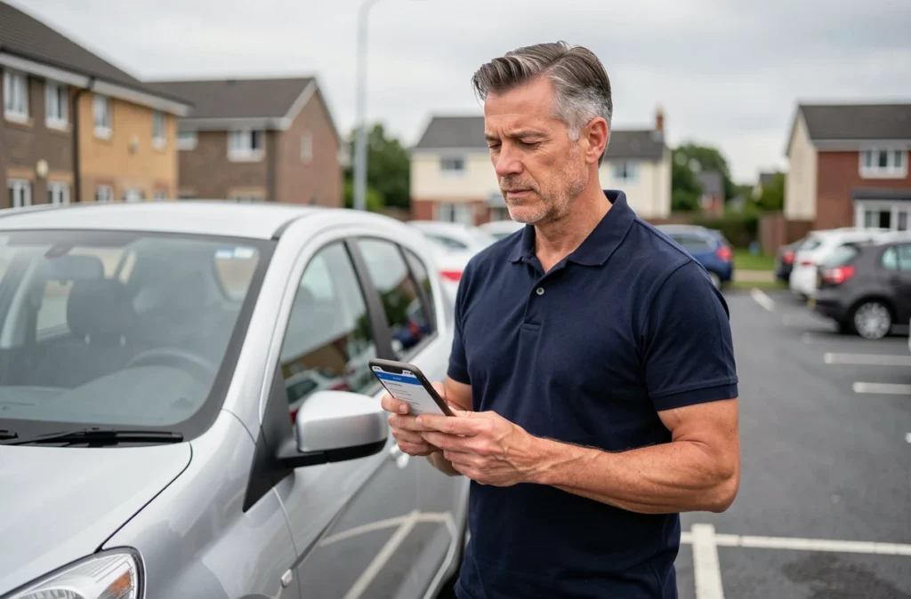 Homme recherchant une assurance auto économique sur smartphone à côté de sa voiture