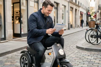 Homme assis sur un scooter 3 roues en ville consultant son permis de conduire