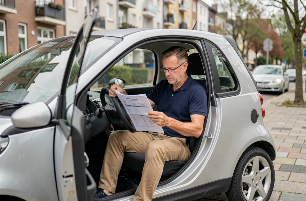 Homme lisant le rapport d'historique d'une voiture sans permis avant achat