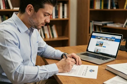 Homme consultant un document PDF de vérification de permis de conduire à son bureau avec un stylo