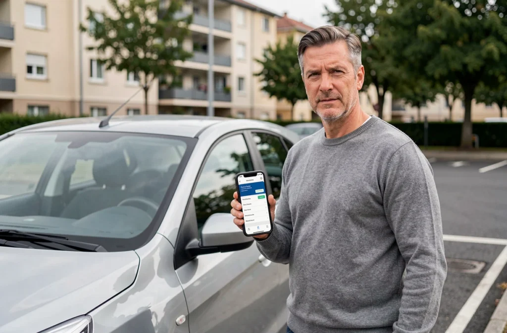 Homme debout près de sa voiture consultant une application de comparaison d'assurance auto sur smartphone