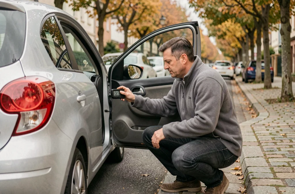 Homme inspectant le compteur kilométrique de sa voiture compacte dans une rue résidentielle française
