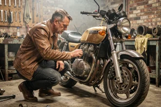 Homme inspectant minutieusement le moteur d'une Honda CB 900 dans un garage, avant un achat d'occasion