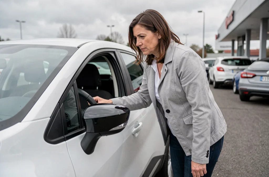Femme inspectant le tableau de bord d'un Renault Captur blanc d'occasion chez un concessionnaire automobile