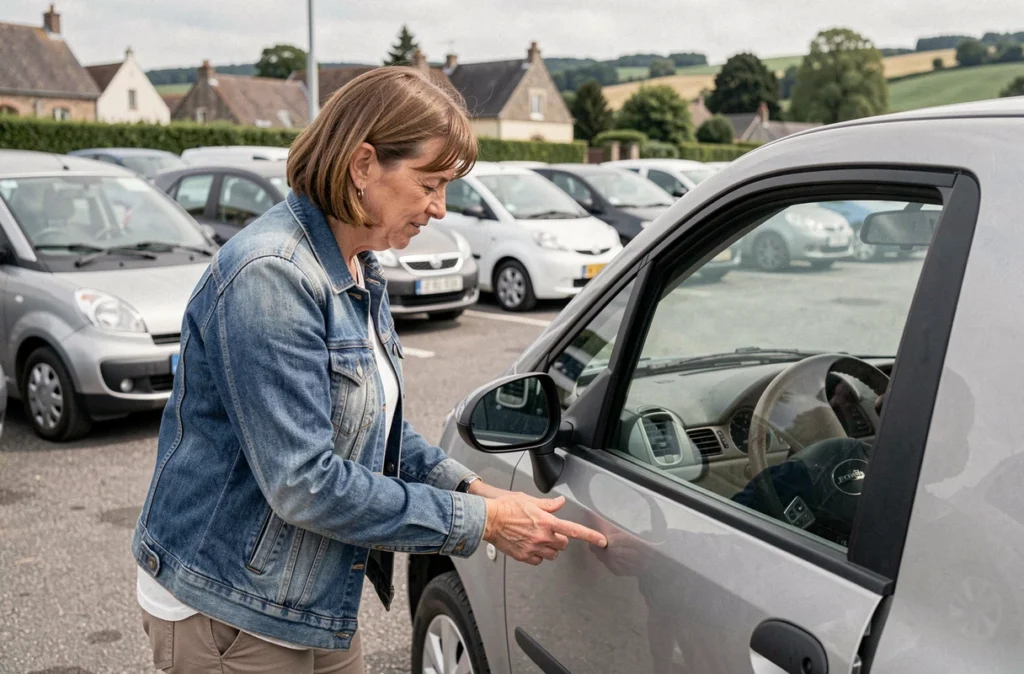 Femme inspectant une voiture sans permis d'occasion chez un concessionnaire dans le Tarn