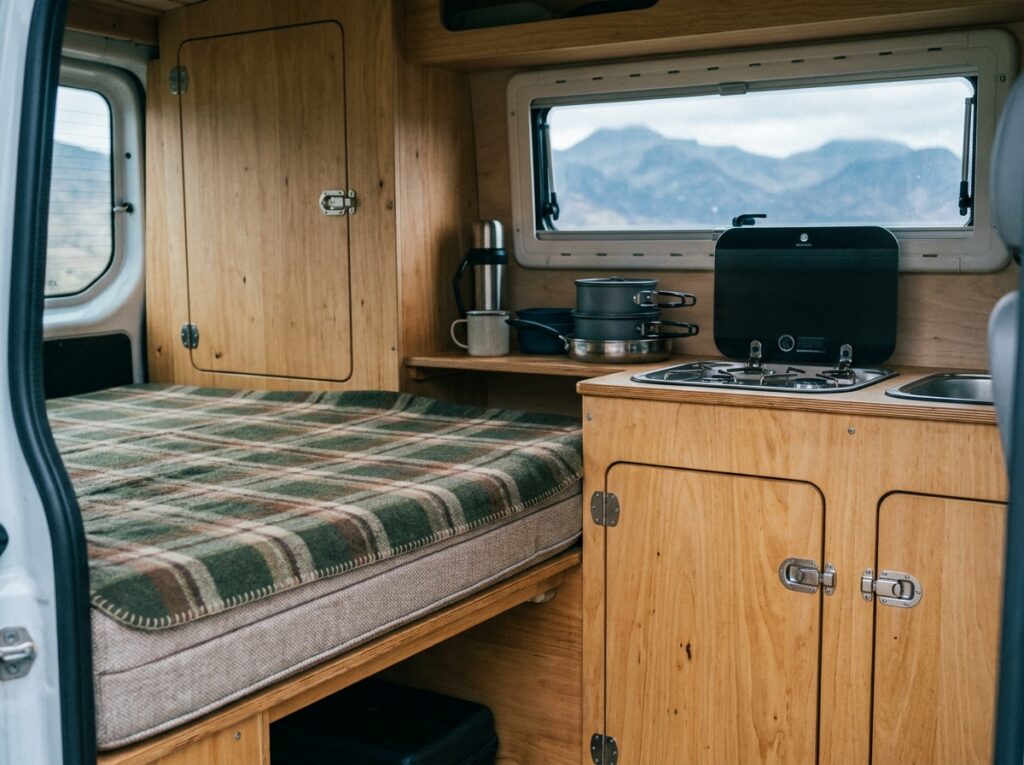 Intérieur aménagé d'un camping-car 4x4 avec couchage, cuisine intégrée et vue sur la montagne